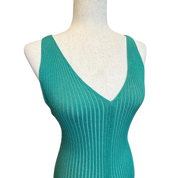 Free People Ribbed Knit Deep-V Backless Tank Dress. Kelly Green Two-Tone #1609 - Picture 4 of 6